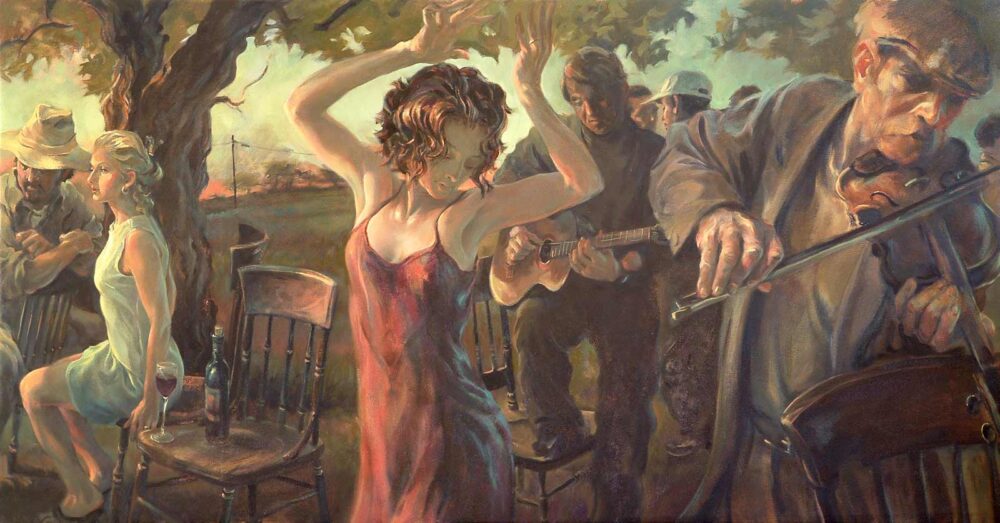 Giclée print of wine harvest celebration with woman dancing and guitar player and violin player.