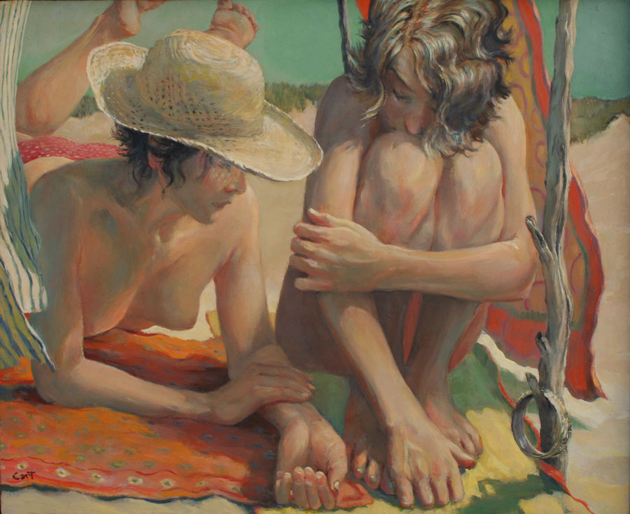 Romantic nude oil painting of two young women in conversation
