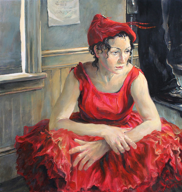 Christopher Cart oil painting of the actress Rebecca Singer waiting to go on in Act II of Bells Are Ringing.