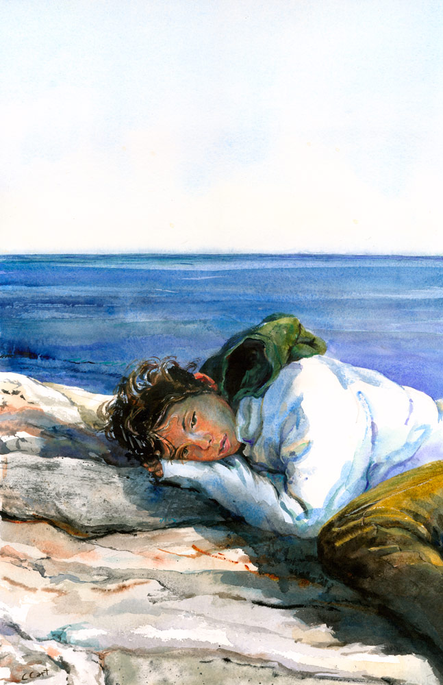 Tender watercolor of the artist's teenage daughter resting on the rocks on the Maine coast.